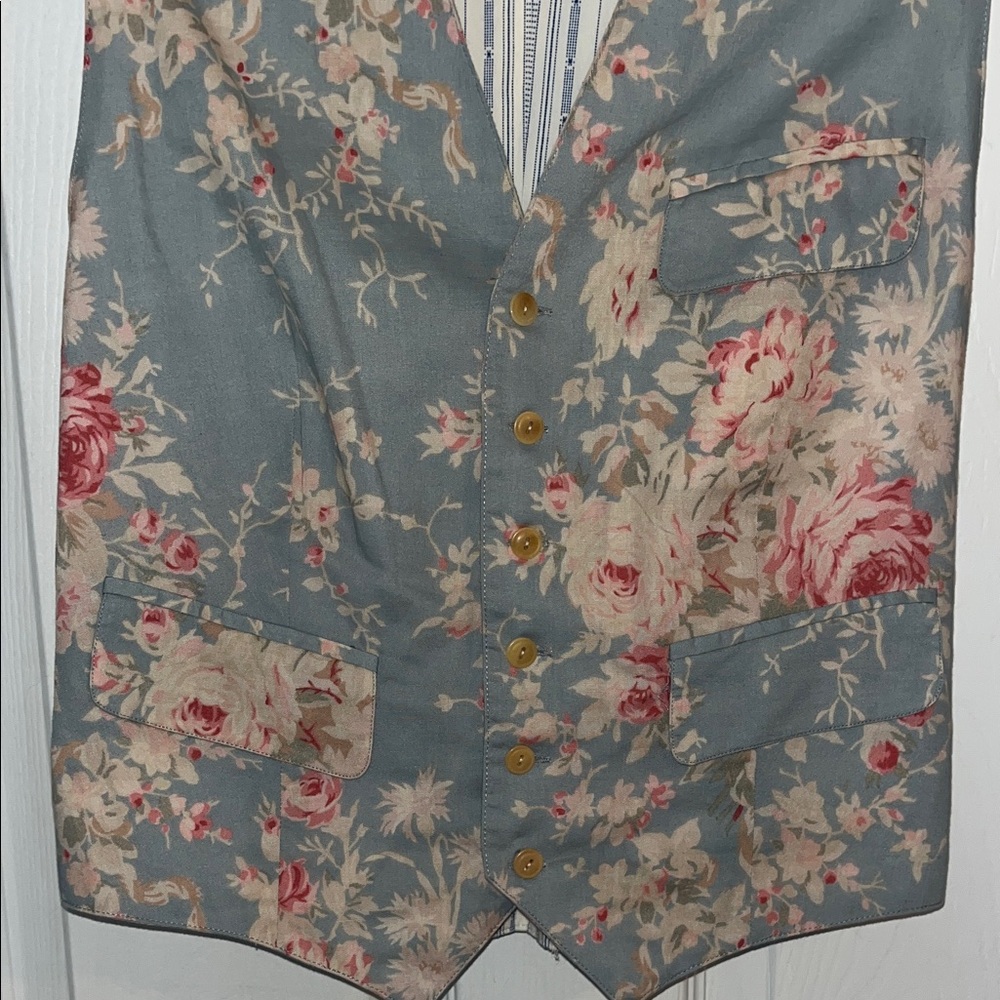 Ralph Lauren Blue Floral Cotton Vest with Pink Blooms - Picture 3 of 5